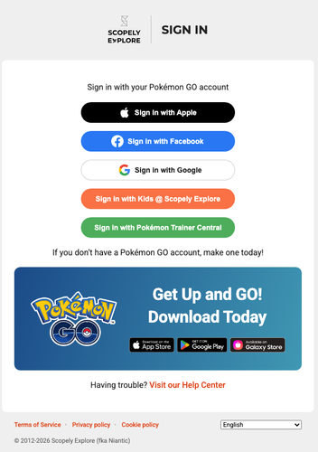 Pokémon GO Web Store sign-in options with Apple Facebook and Google