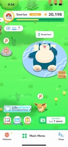 Pokémon Sleep helper team camp with Snorlax and helper Pokémon