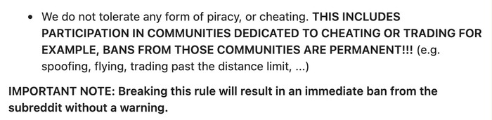 r/pokemongo Rule Three saying participation in spoofing communities brings a permanent ban