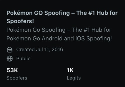 r/PokemonGoSpoofing community card showing 53K Spoofers and 1K Legits
