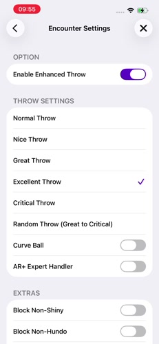 SpooferPro Encounter Settings with Excellent Throw selected