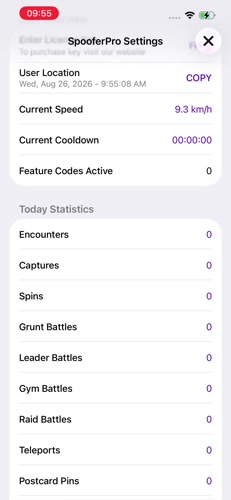 SpooferPro Settings dashboard showing speed, cooldown, and today statistics