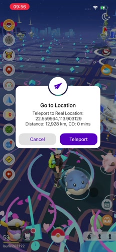 SpooferPro teleport confirmation showing 12928 km distance and cooldown