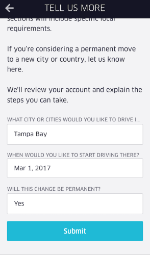 submit uber new city change request