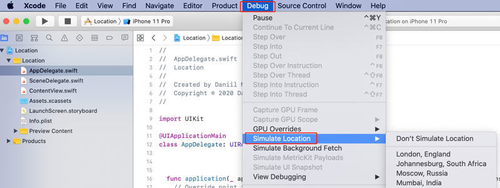 Xcode Debug menu Simulate Location with city presets